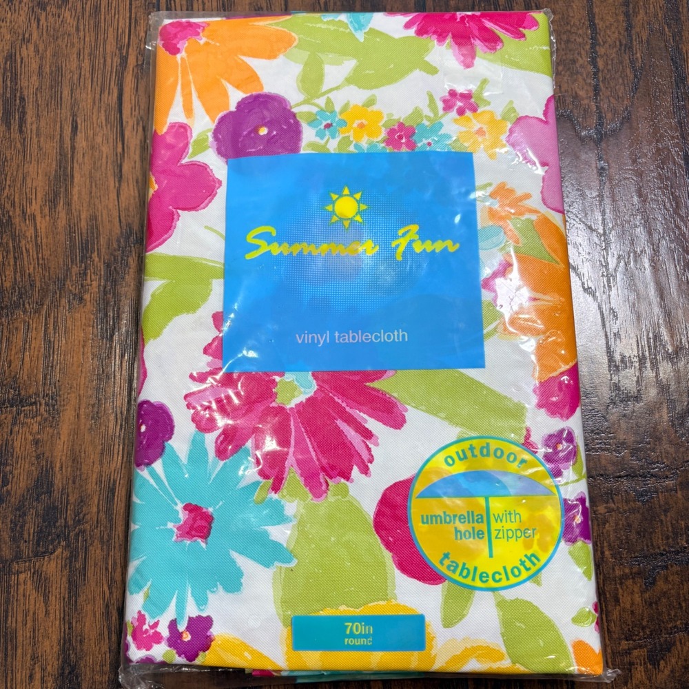 Summer Fun Tablecloth Outdoor 70in Round Multicolor Floral Umbrella Hole Zipper